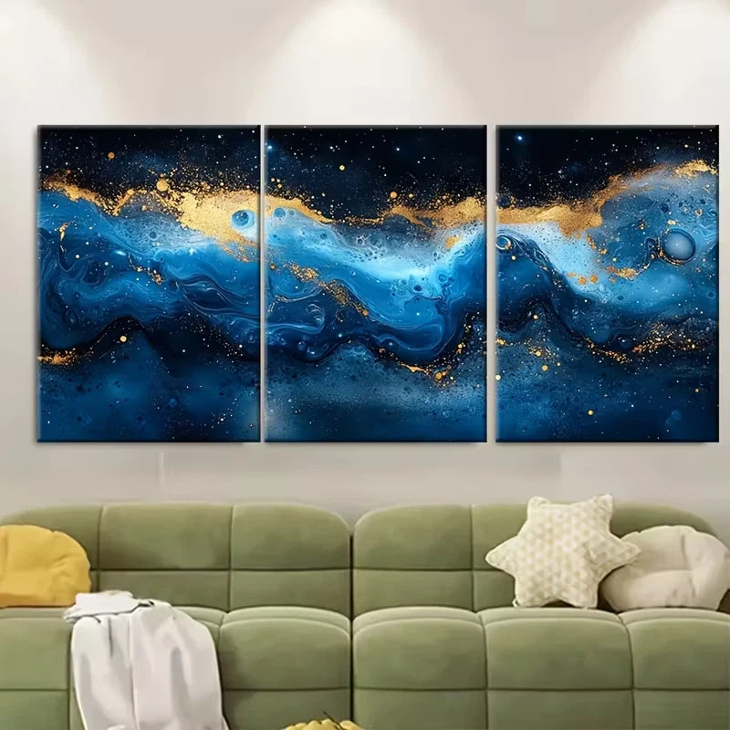 3pcs Elegant Blue Black Golden Metal Print Ready to Hang Art