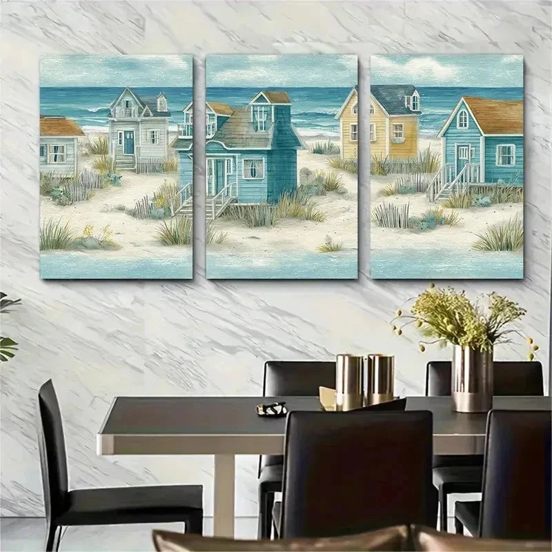 3pcs Ocean View Watercolor Shoreline Perfect Wall Art Set Canvas Framed 50x70cm - High Quality Print 100% Australian Made Wall Canvas Ready to Hang