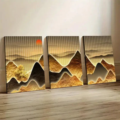 3pcs Golden Mountain Scenery with Sunset Wall Art Set Canvas Unframed - High Quality Print 100% Australian Made Wall Canvas - Bella Home Decor
