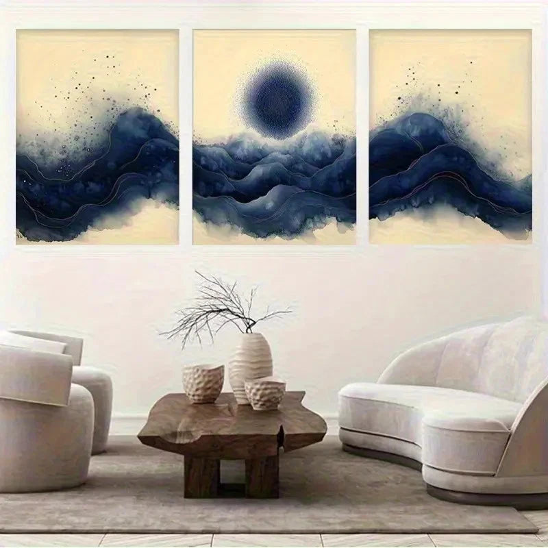 3pcs Abstract Blue Mountain Wave Style Metal Print Ready to Hang Art - Bella Home Decor