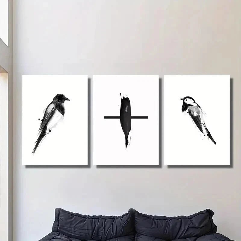 3pcs Black and White Magpie Chinese Pen Bird, Metal Print Ready to Hang Art - Bella Home Decor