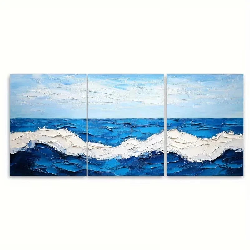 3pcs Blue Sea Landscape Abstract White Wave Wall Art Set Canvas Framed 40x60cm - High Quality Print 100% Australian Made Wall Canvas Ready to Hang - Bella Home Decor