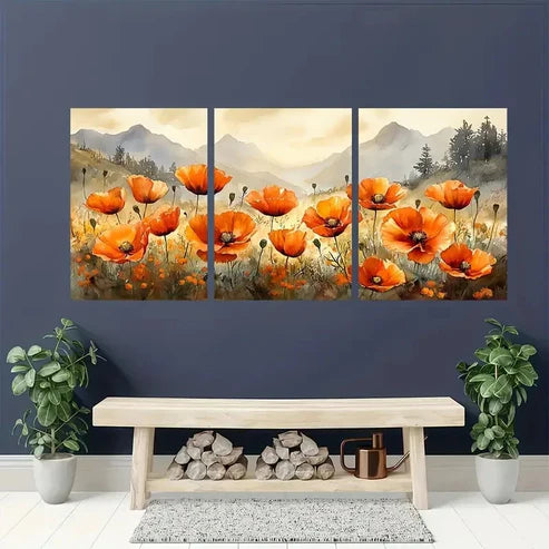 3pcs Poppy Watercolor Wildflowers Fields Wall Art Set Canvas Unframed - High Quality Print 100% Australian Made Wall Canvas