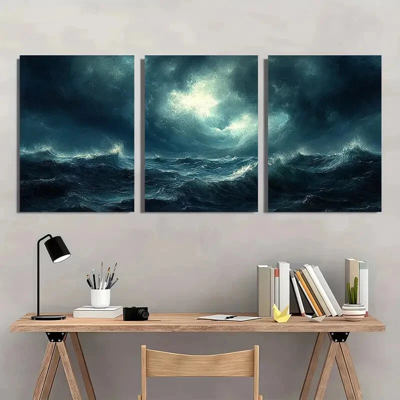 3pcs Moody Thunderstorm Dynamic Seascape Art Metal Print Ready to Hang Art - Bella Home Decor