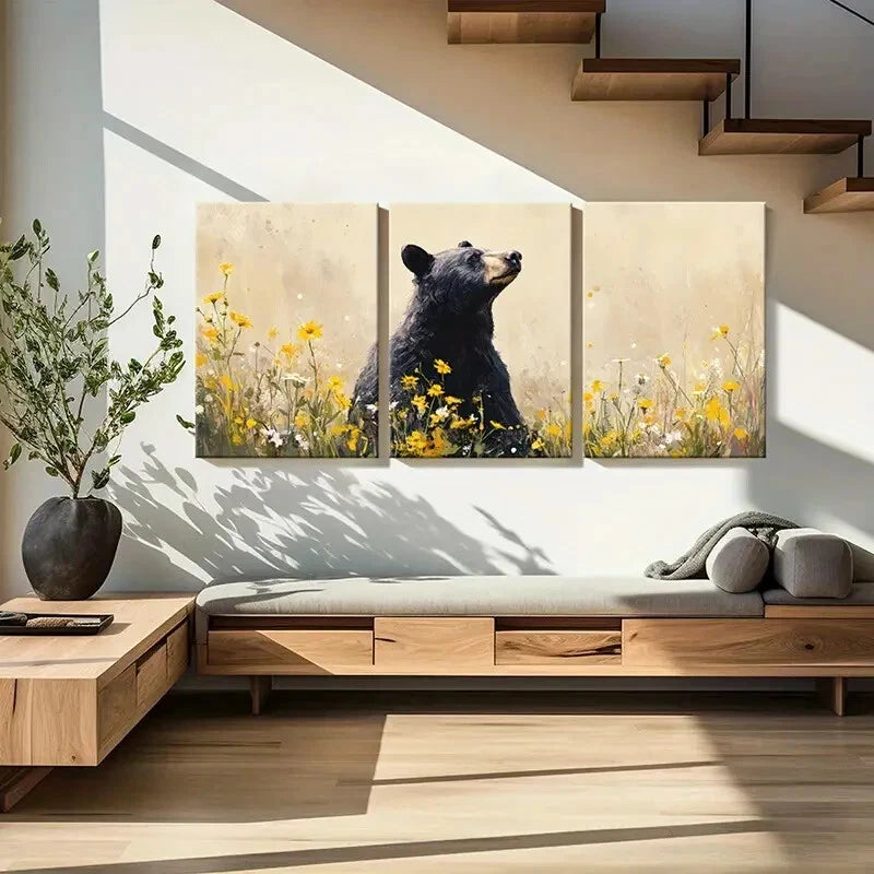 3pcs Artistic Bear Amidst Vibrant Flowers Metal Print Ready to Hang Art - Bella Home Decor