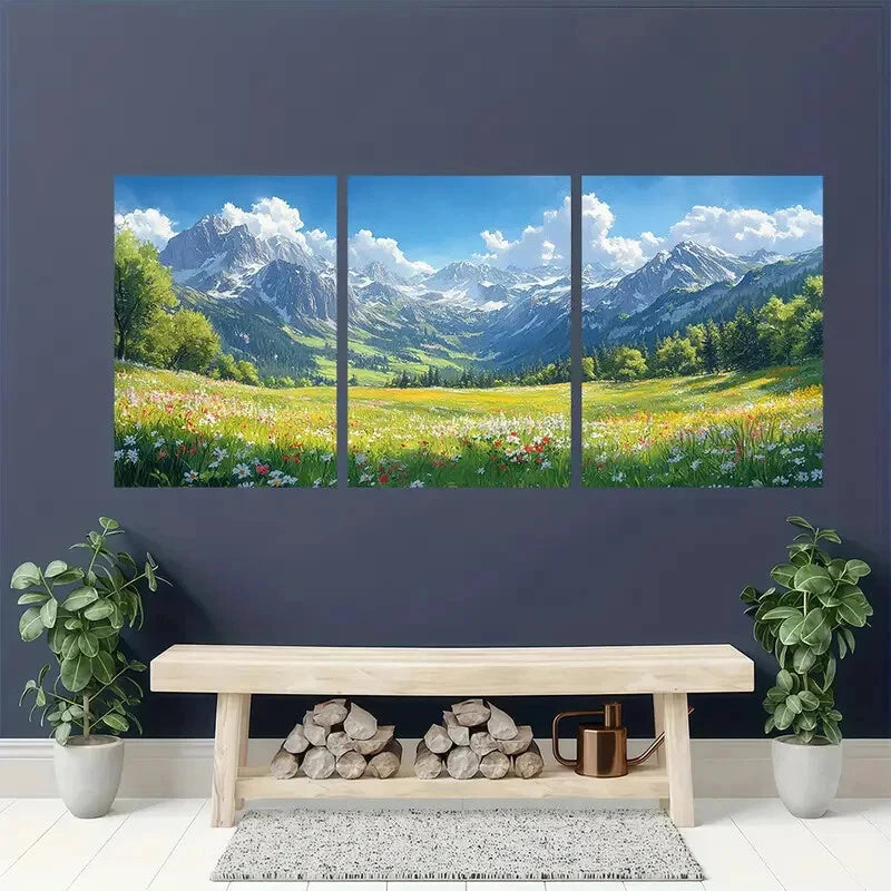 3pcs Alpine Meadows & Mountain Valley Landscape Metal Print Ready to Hang Art - Bella Home Decor