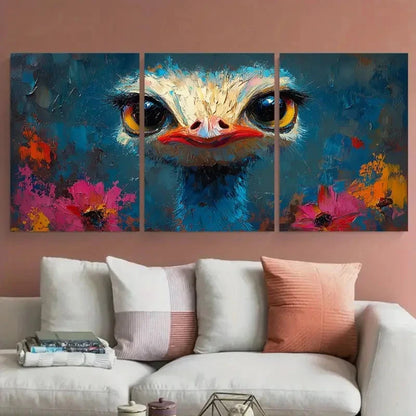 3pcs Vibrant Ostrich Bird Portrait with Bold Color Metal Print Ready to Hang Art - Bella Home Decor