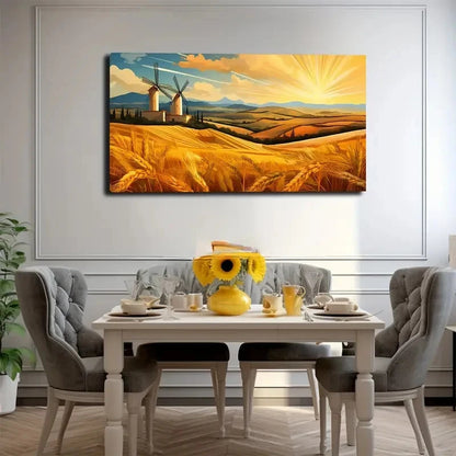 Dutch Windmill & Golden Wall Art Canvas Office Home Room Framed 120x60cm