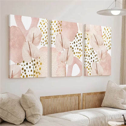 3pcs Soft Pink & Golden Abstract Painting Wall Art Set Canvas Framed 60x90cm – High Quality Print 100% Australian Made Wall Canvas Ready to Hang