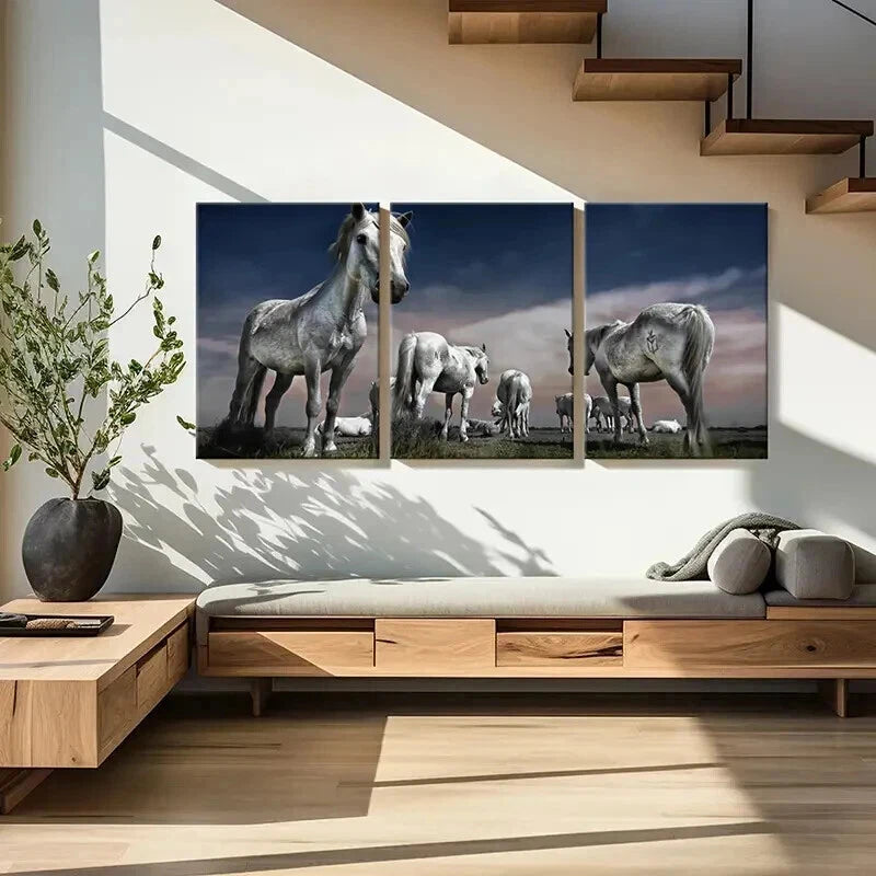 3pcs White Horse in Grassland Landscape Wall Art Set Canvas Framed 60x90cm - High Quality Print 100% Australian Made Wall Canvas Ready to Hang - Bella Home Decor