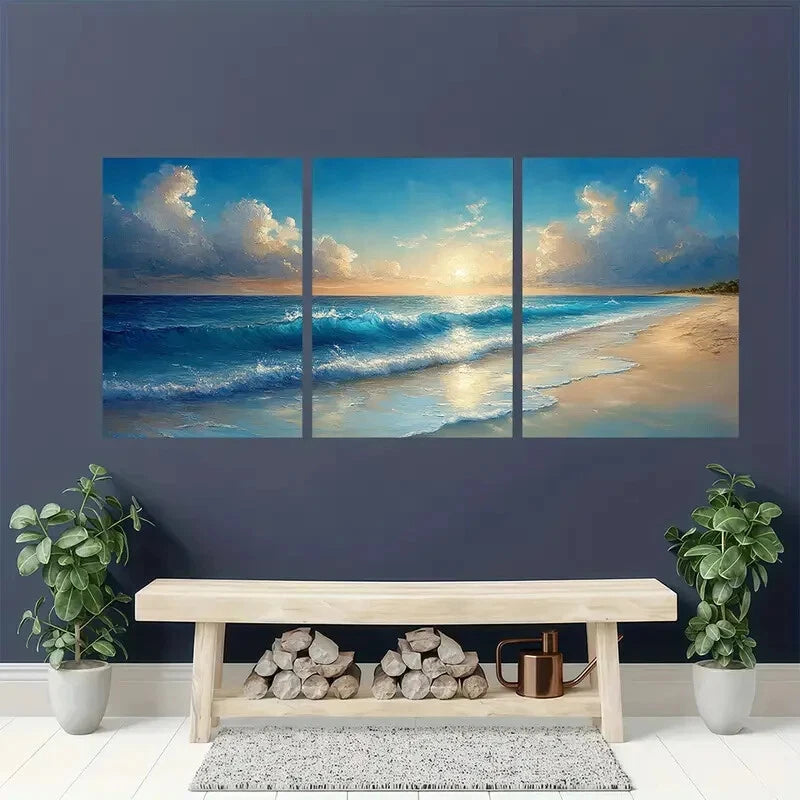 3pcs Serene Sunset & Wave Scenery Oil Painting Metal Print Ready to Hang Art - Bella Home Decor