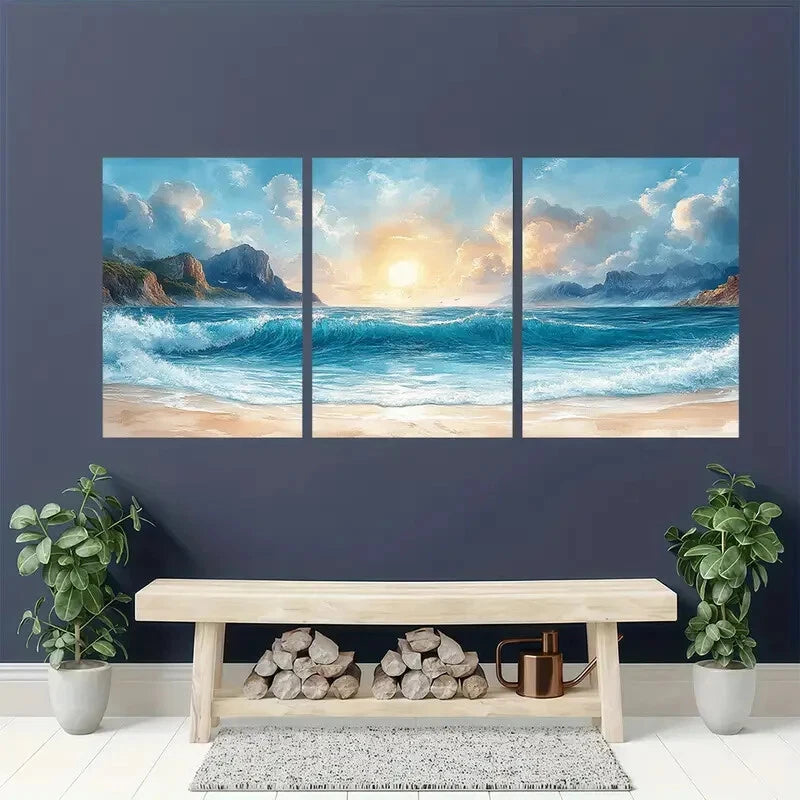3pcs Ocean Beach Sunset with Waves and Mountains Metal Print Ready to Hang Art - Bella Home Decor