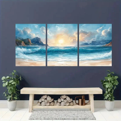 3pcs Ocean Beach Sunset with Waves and Mountains Metal Print Ready to Hang Art - Bella Home Decor