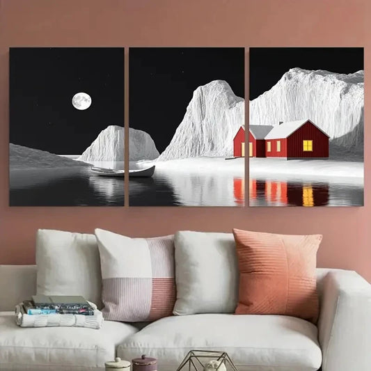 3pcs Nordic Minimalist Winter Landscape with Red Metal Print Ready to Hang Art