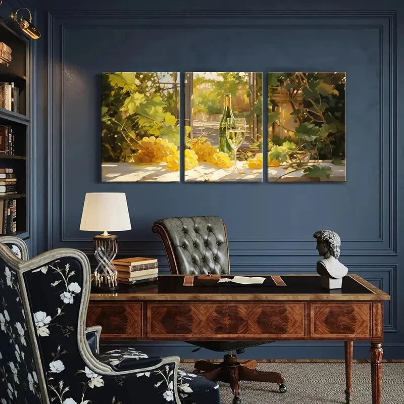 3pcs Vintage Wine & Grape Vineyard Sunlit Scene Metal Print Ready to Hang Art - Bella Home Decor