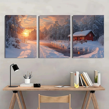 3pcs Winter Wonderland Scene Snow Sunset Metal Print Ready to Hang Art - Bella Home Decor