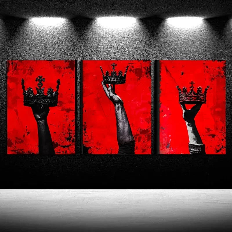 3pcs Chic Crown in Red Background Metal Print Ready to Hang Art - Bella Home Decor