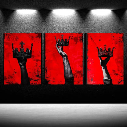 3pcs Chic Crown in Red Background Metal Print Ready to Hang Art - Bella Home Decor