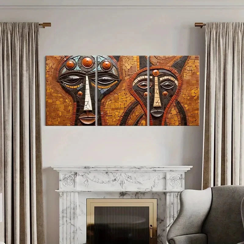 3pcs Abstract Tribal Faces Mosaic Ethnic Art Metal Print Ready to Hang Art - Bella Home Decor