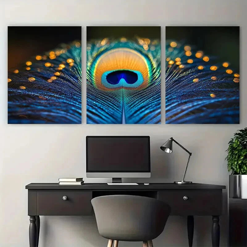 3pcs Vibrant Peacock Feather Macro Exotic Wildlife Metal Print Ready to Hang Art - Bella Home Decor
