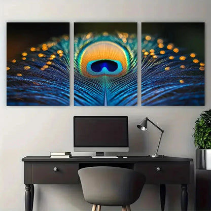 3pcs Vibrant Peacock Feather Macro Exotic Wildlife Metal Print Ready to Hang Art - Bella Home Decor