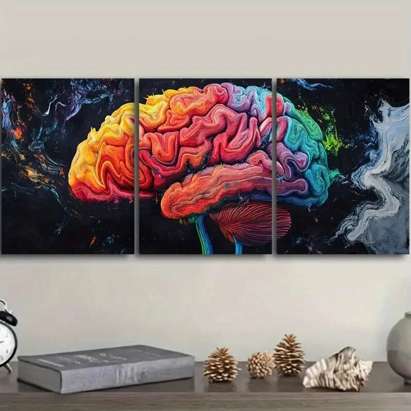 3pcs Vibrant Human Brain Colorful Neuron & Synapse Metal Print Ready to Hang Art - Bella Home Decor