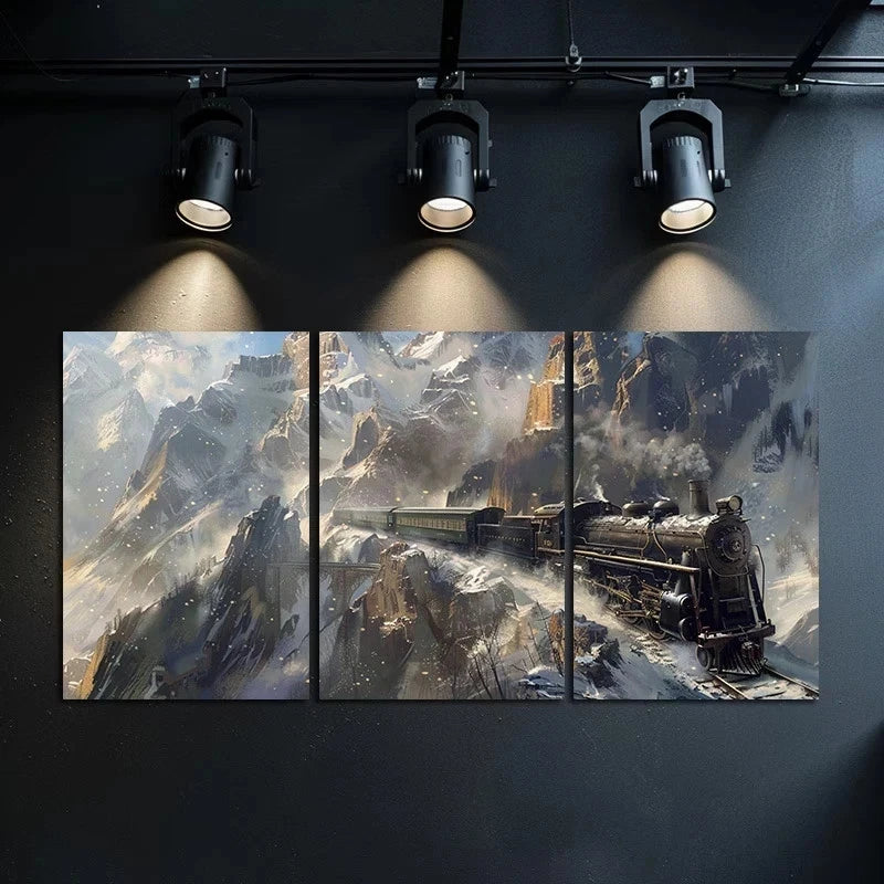 3pcs Steam Train with Black and Green Colors Metal Print Ready to Hang Art