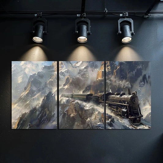 3pcs Steam Train with Black and Green Colors Metal Print Ready to Hang Art