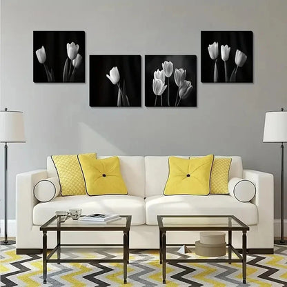 4pcs 4 Piece Black And White Flower Wall Art Canvas Framed