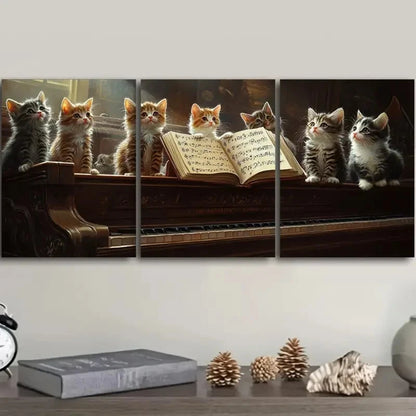 3pcs Featuring a Cat on a Piano Wall Art Set Canvas Framed 40x60cm - High Quality Print 100% Australian Made Wall Canvas Ready to Hang