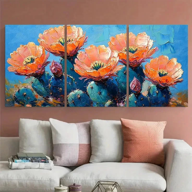 3pcs Cactus Flowers Impasto Illustration Metal Print Ready to Hang Art - Bella Home Decor