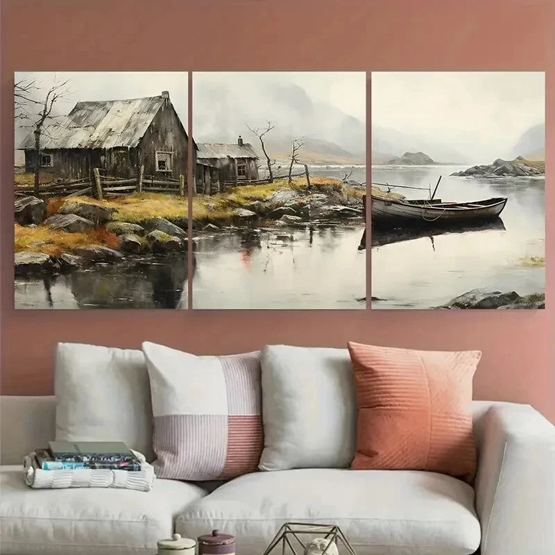 3pcs Old Boat and Lake House in Fjords Metal Print Ready to Hang Art - Bella Home Decor