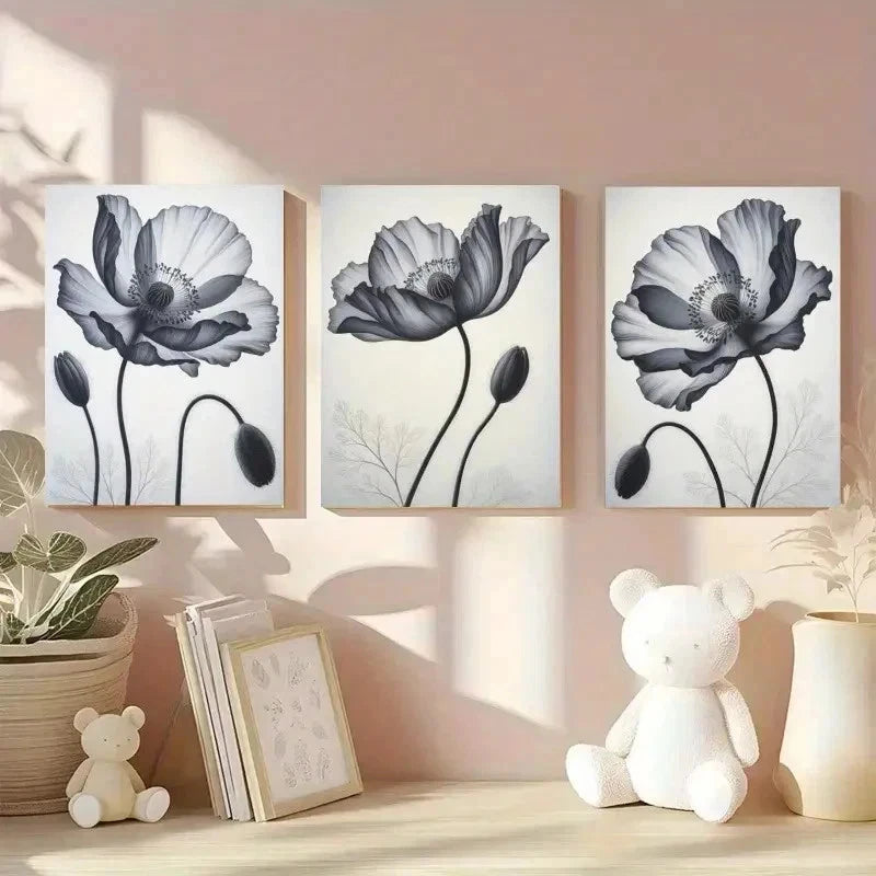 3pcs Poppy Flower  Botanical DecorWall Art Set Canvas Framed 40x60cm - High Quality Print 100% Australian Made Wall Canvas Ready to Hang