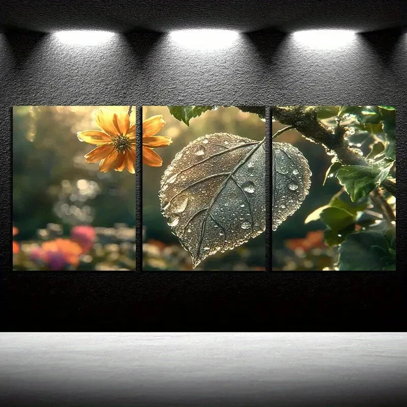 3pcs Vibrant Leaves and flowers with Sunlit Metal Print Ready to Hang Art - Bella Home Decor