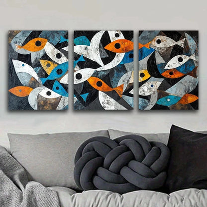 3pcs Abstract Fish Pattern Blue White & Orange Metal Print Ready to Hang Art - Bella Home Decor