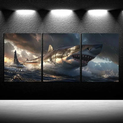 3pcs Shark Swims Against A Vortex Metal Print Ready to Hang Art - Bella Home Decor