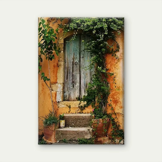 Charming Vine-Covered Door 60x90cm Metal Print Ready to Hang