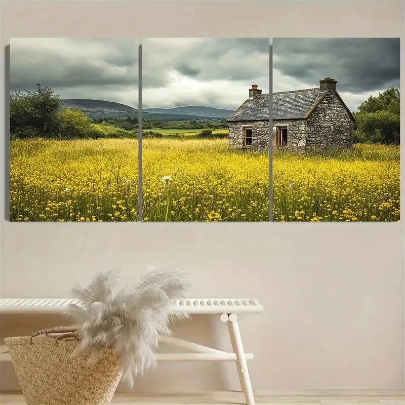 3pcs Rustic Stone House with Wildflowers Design Metal Print Ready to Hang Art
