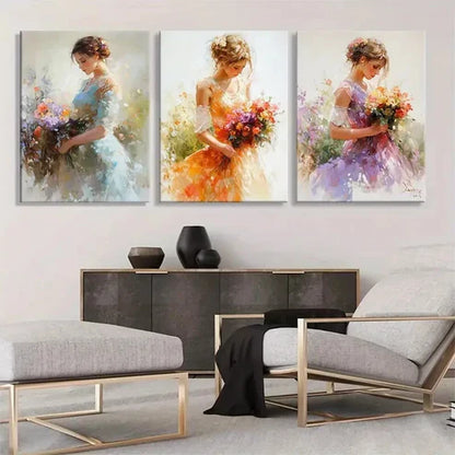 3pcs Elegant Flower Bright Bouquet Girl Wall Art Set Canvas Unframed - High Quality Print 100% Australian Made Wall Canvas