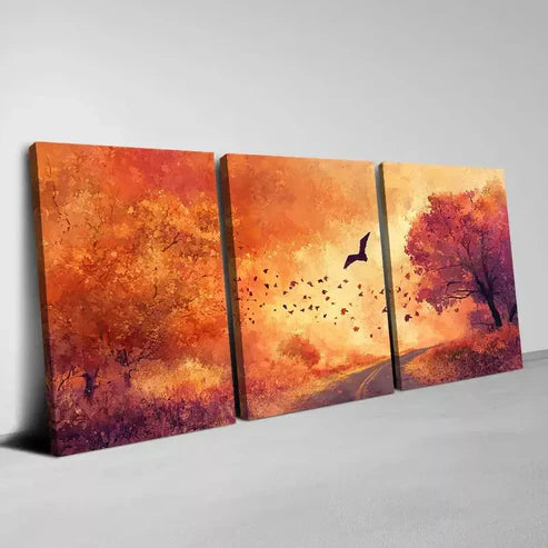 3pcs Vibrant Autumn Path, Trees & Bats Scene Wall Art Canvas Unframed - High Quality Print 100% Australian Made Wall Canvas