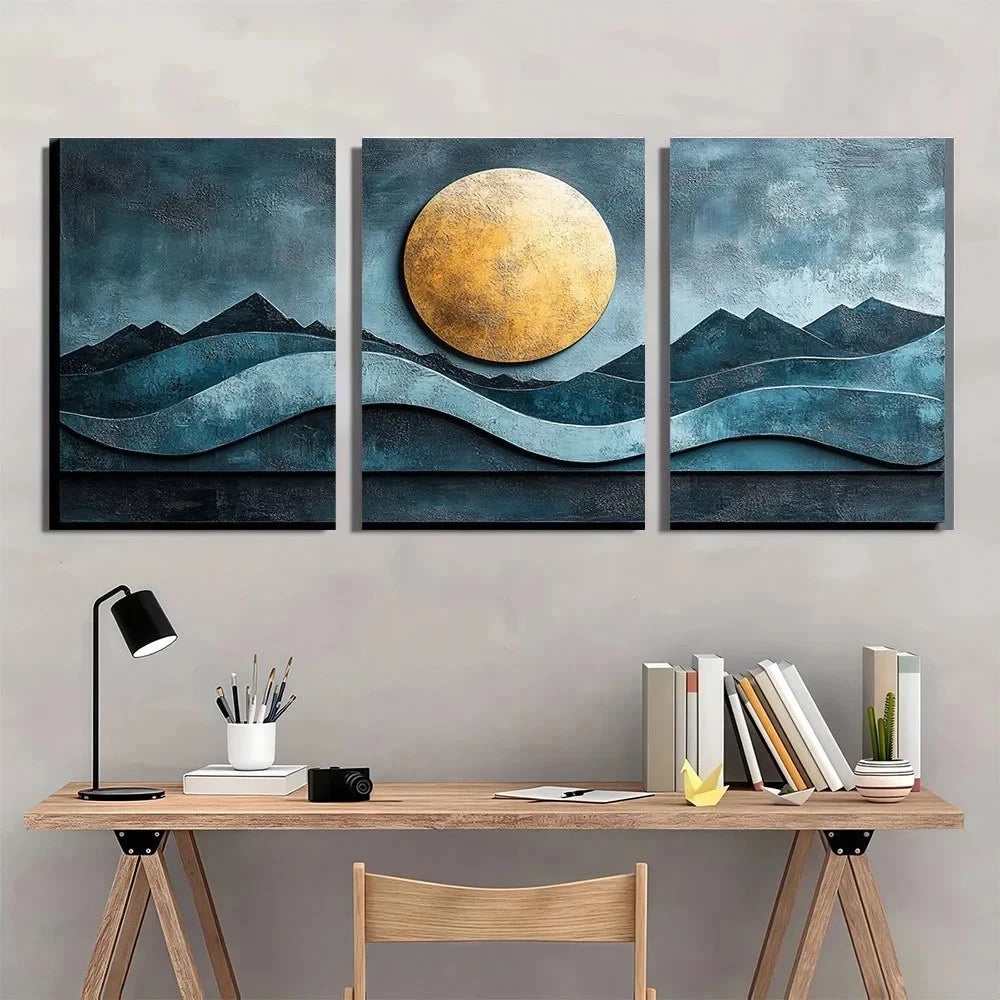 3pcs Abstract Turquoise Geometric Round Metal Print Ready to Hang Art - Bella Home Decor