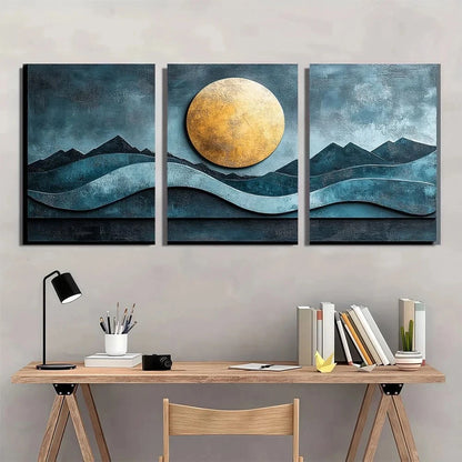 3pcs Abstract Turquoise Geometric Round Metal Print Ready to Hang Art - Bella Home Decor
