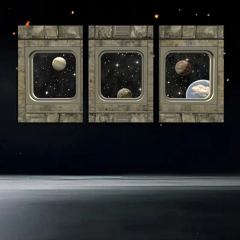 3pcs Dark Sci-fi Style Black Metal Starship Deck Metal Print Ready to Hang Art - Bella Home Decor