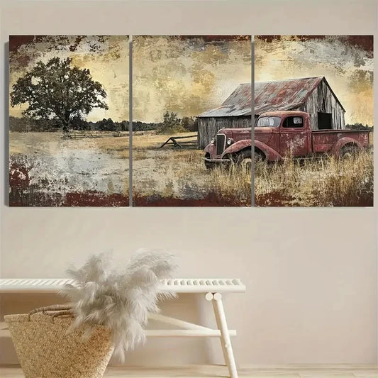 3pcs Weathered Red Pickup Truck in Golden Wall Art Set Canvas Framed 60x90cm - High Quality Print 100% Australian Made Wall Canvas Ready to Hang