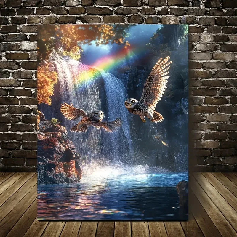 Owl Chase by Waterfall with Rainbow Painting 40x60cm Metal Print Ready to Hang - Bella Home Decor
