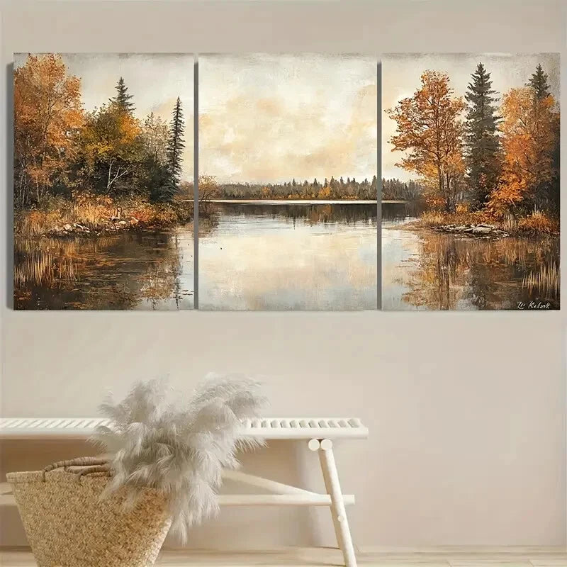 3pcs Autumn Lake Foliage Rustic Nature Scene Metal Print Ready to Hang Art - Bella Home Decor