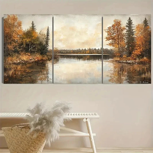 3pcs Autumn Lake Foliage Rustic Nature Scene Metal Print Ready to Hang Art