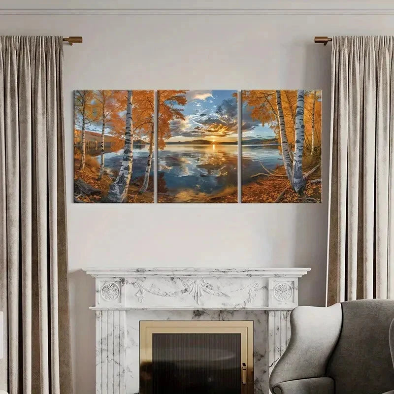 3pcs Sunset Birch Trees Lake Reflection Metal Print Ready to Hang Art - Bella Home Decor
