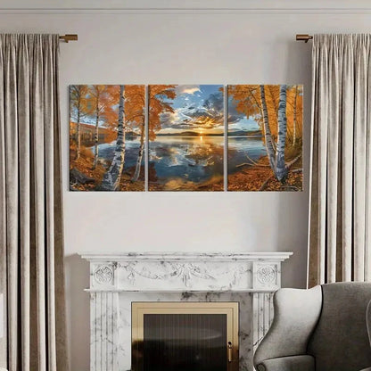 3pcs Sunset Birch Trees Lake Reflection Metal Print Ready to Hang Art - Bella Home Decor