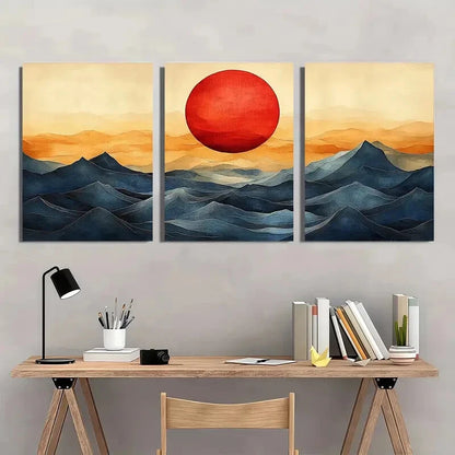 3pcs Abstract Sun and Waves Bauhaus Style Metal Print Ready to Hang Art - Bella Home Decor